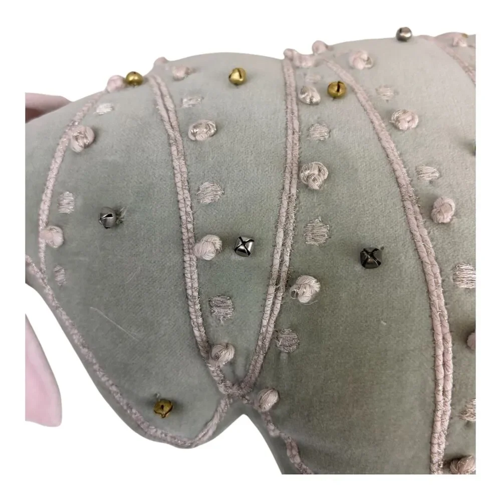 Pottery Barn Christmas Tree Shaped Embellished Pillow Green Velvet Pink Bow READ